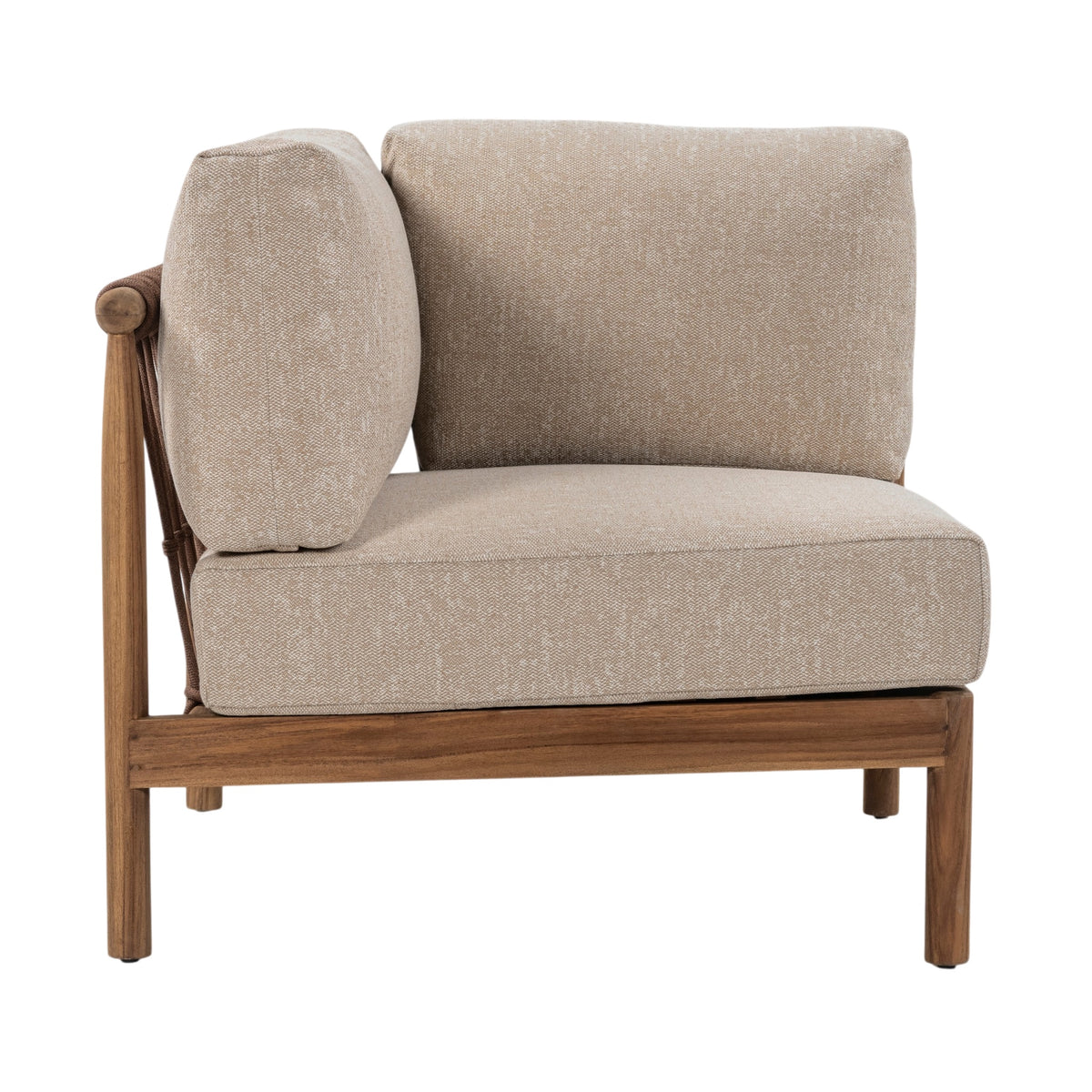 Side view of Giovanni modular corner seat with upholstered cushions and woven rope detailing
