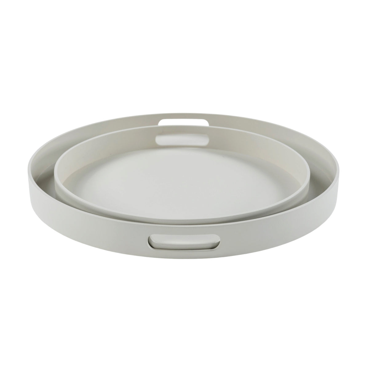Handi round large and small aluminium serving trays in linen colour nested together with a solid white background