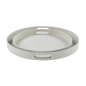 Handi round large and small aluminium serving trays in linen colour nested together with a solid white background