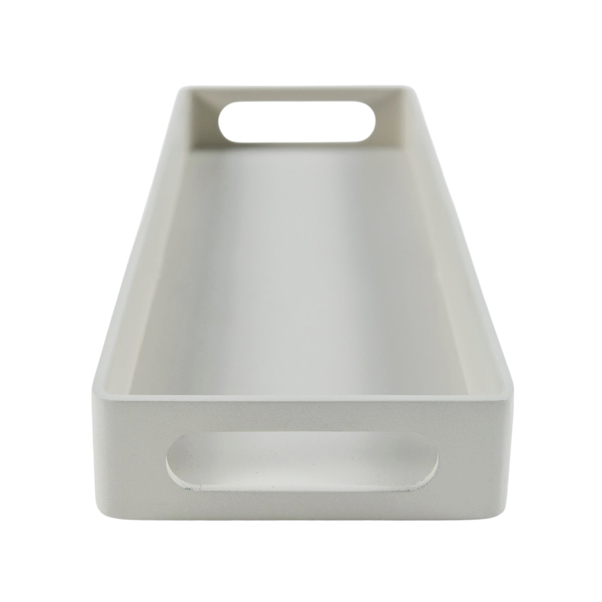 End view of Handi rectangular serving tray in Linen showing integrated cut-out handle