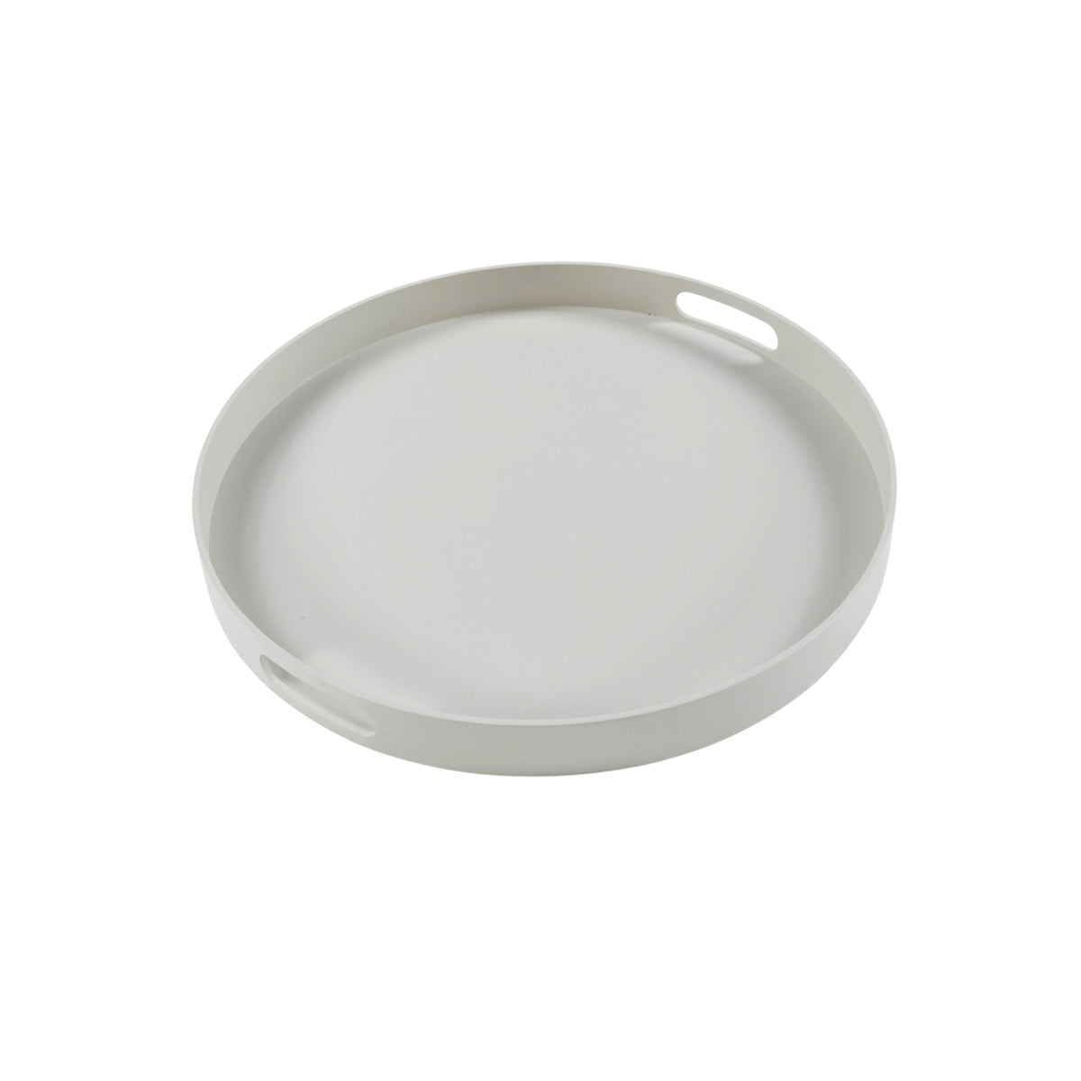 A small Handi round aluminium serving tray in linen colour with two hand recessed for easy handling. On a solid white background.