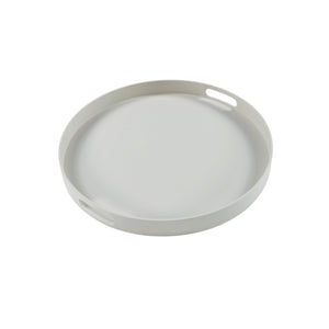 A small Handi round aluminium serving tray in linen colour with two hand recessed for easy handling. On a solid white background.