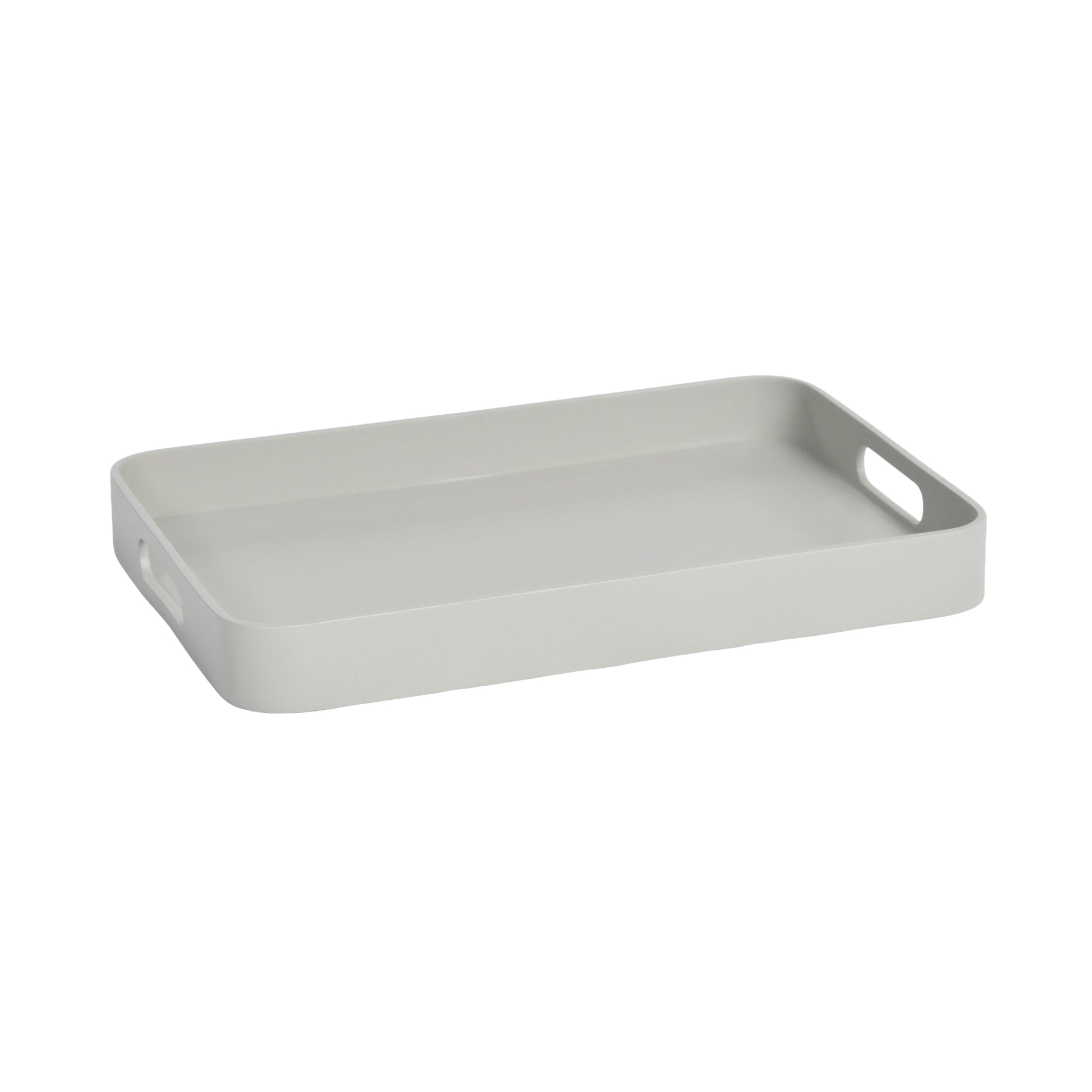 Rectangular gray tray with handles on a white background