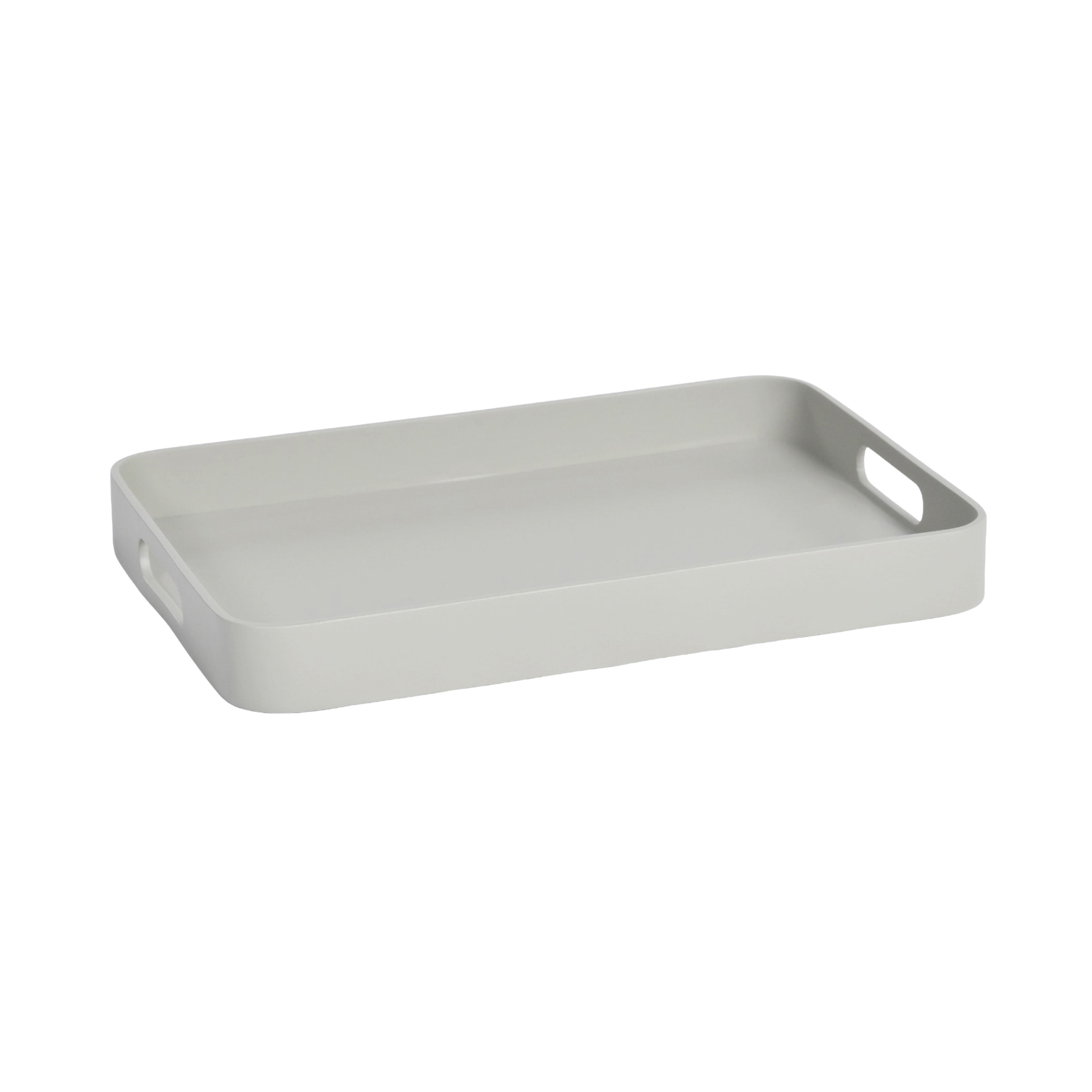 Rectangular gray tray with handles on a white background