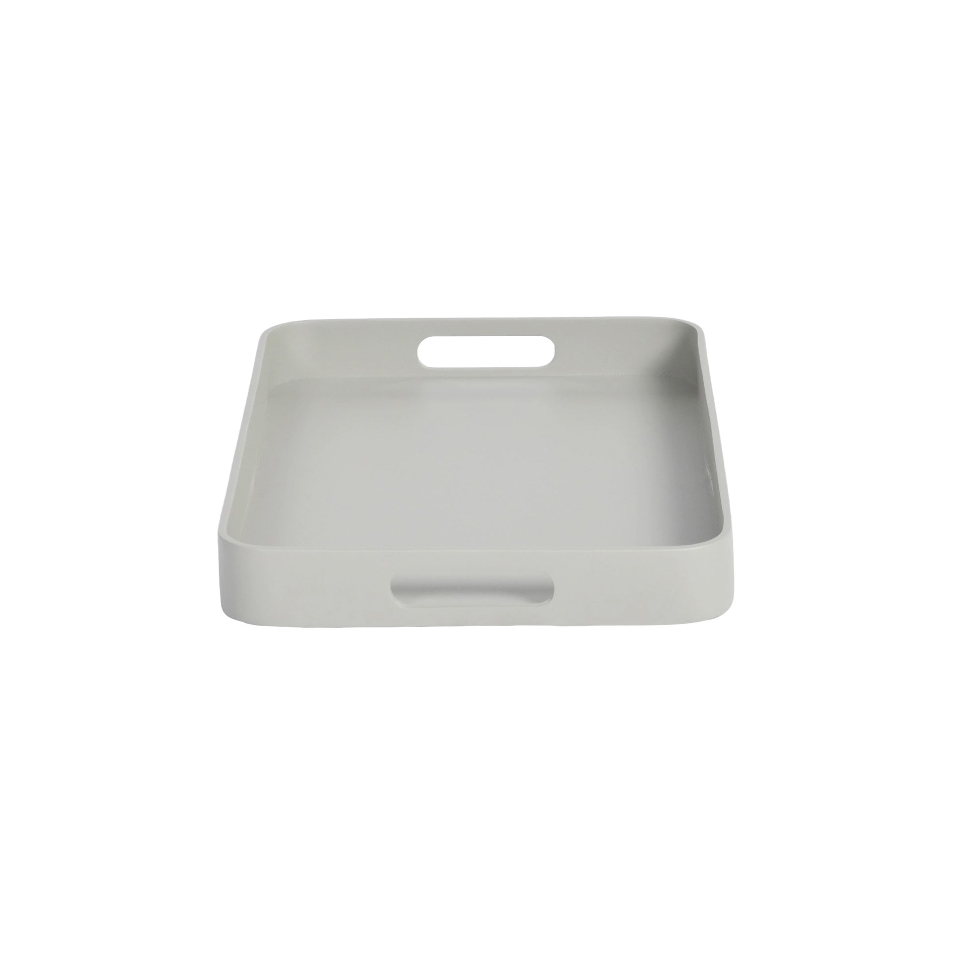 Gray rectangular tray with handles on a white background