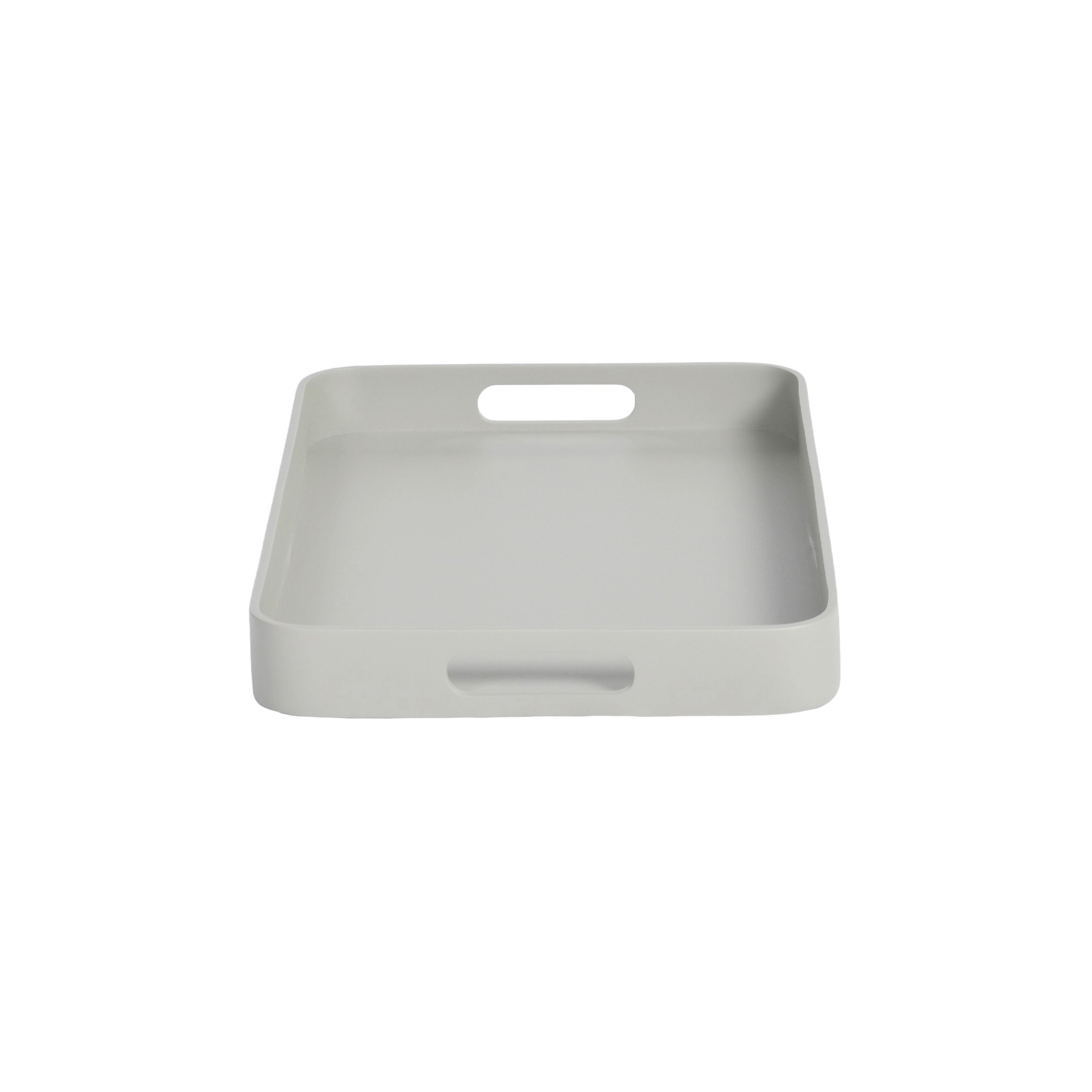 Gray rectangular tray with handles on a white background
