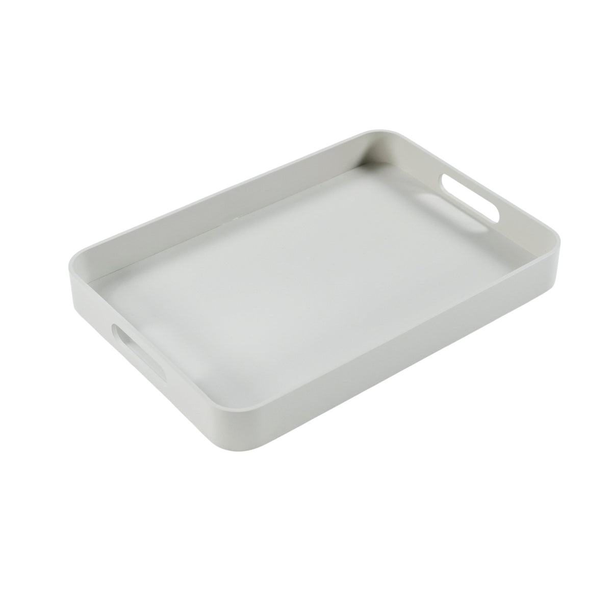 A minimalist rectangular tray in linen colour with integrated cutout handles on two sides, shown from an elevated perspective against a solid white background.