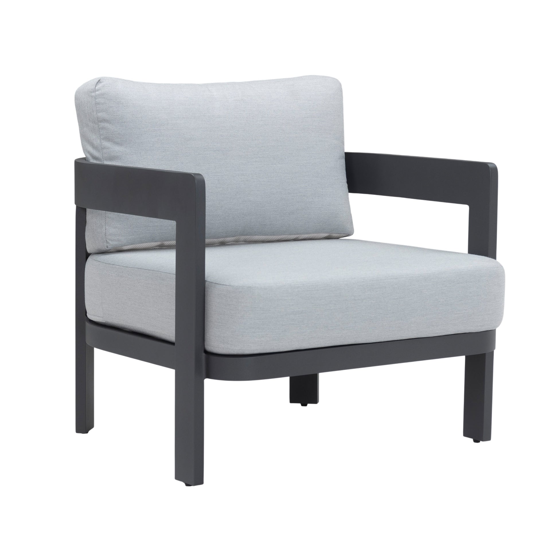 Hawaii Outdoor Aluminium Lounge Chair with charcoal frame and light grey cushions, angled front view