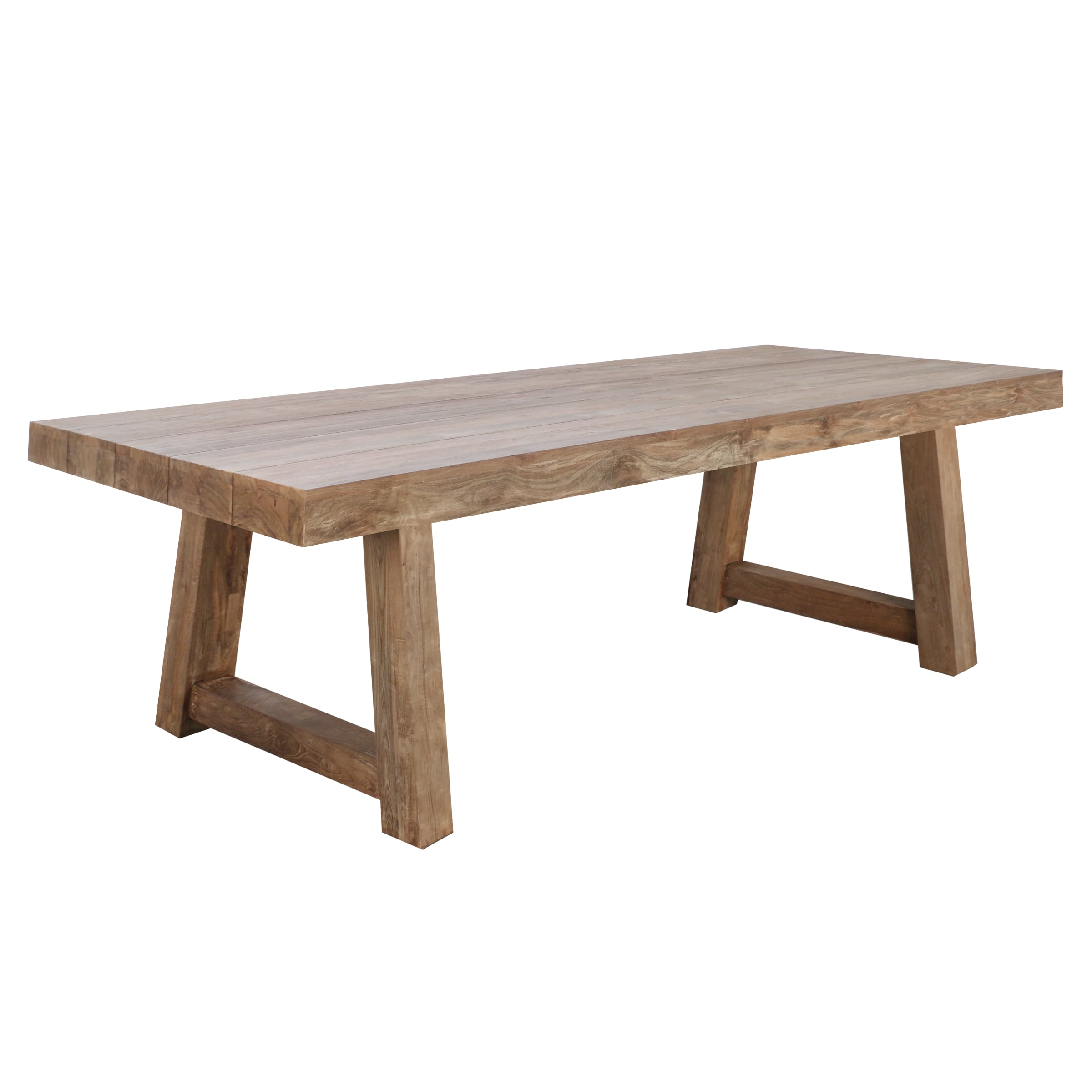 A rustic rectangular wooden dining table with a thick live-edge top and A-frame legs, shown on a plain white background.