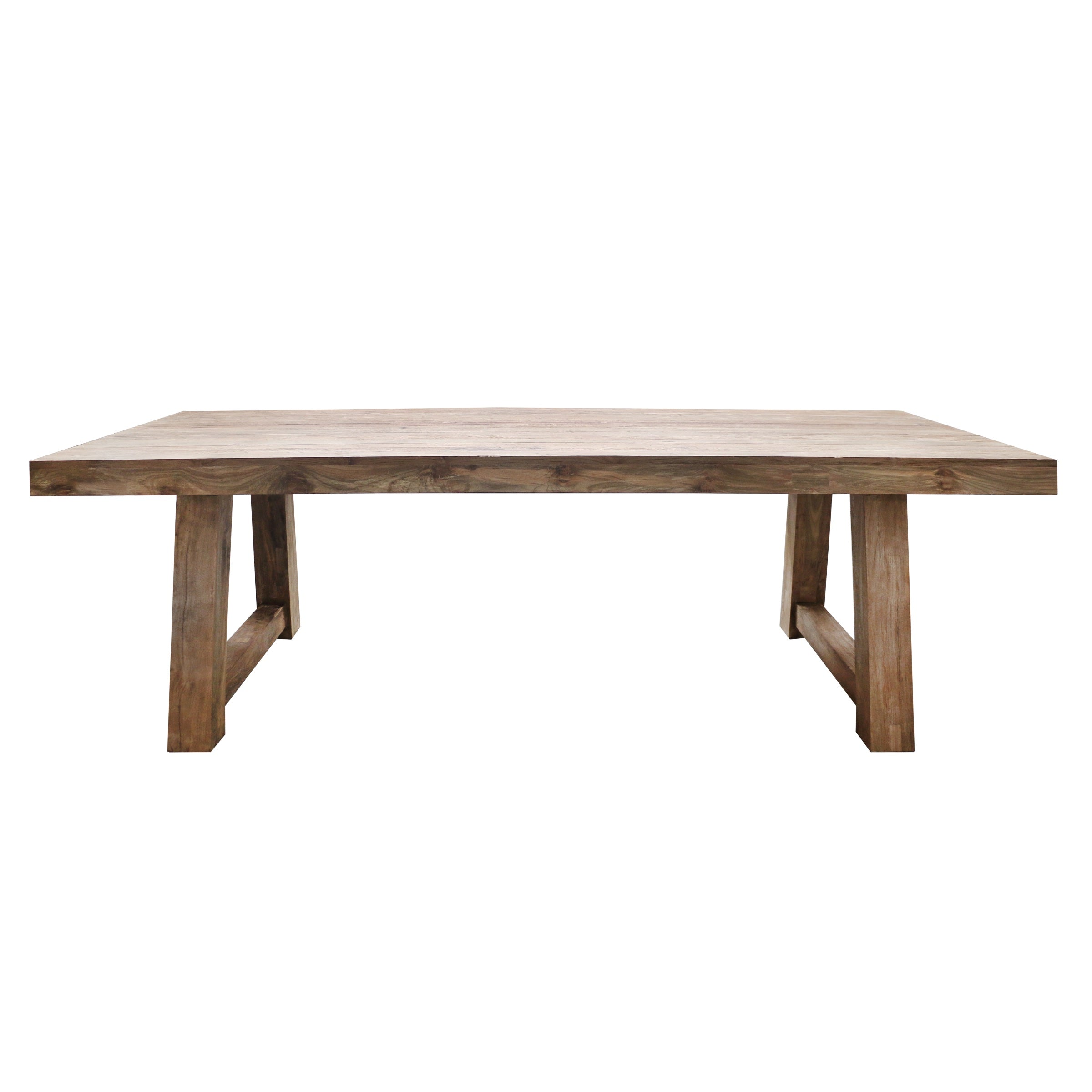 A rustic rectangular wooden table with a thick natural wood top and four sturdy legs, shown against a plain white background.