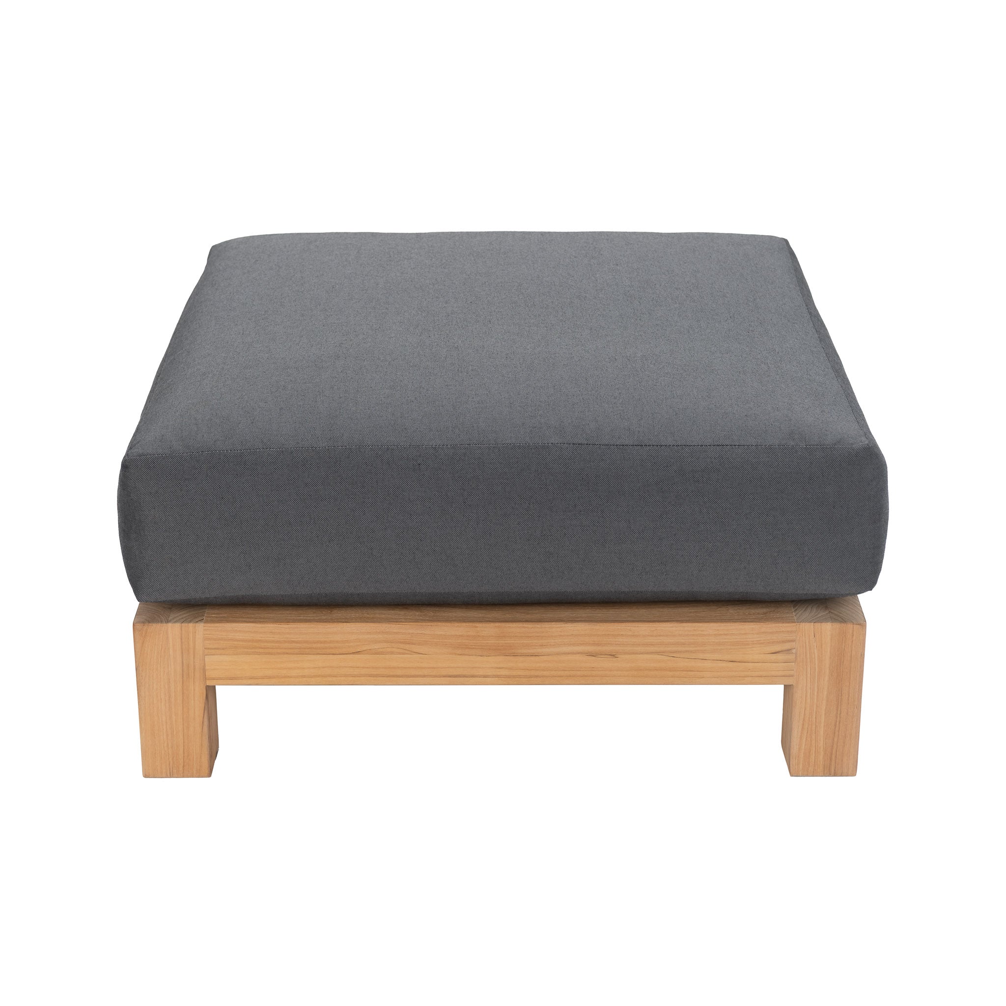 Ibiza outdoor teak ottoman with deep seating cushion. Top down view.