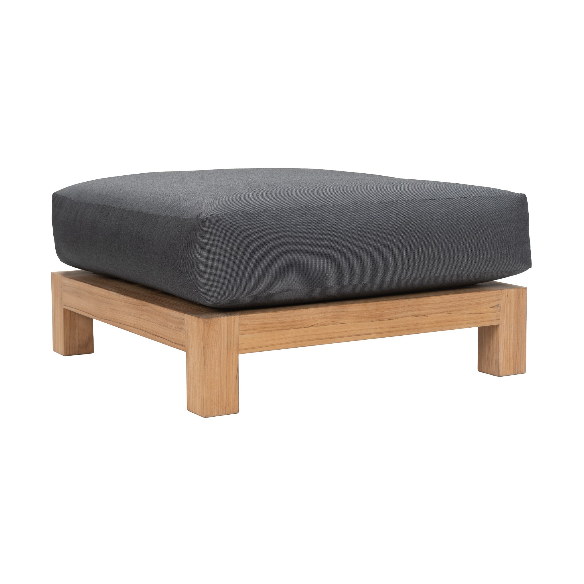 Ibiza outdoor teak ottoman with deep seating cushion. Front angle view.