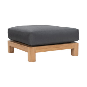 Ibiza outdoor teak ottoman with deep seating cushion. Front angle view.