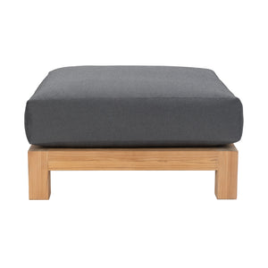 Ibiza outdoor teak ottoman with deep seating cushion. Front view.