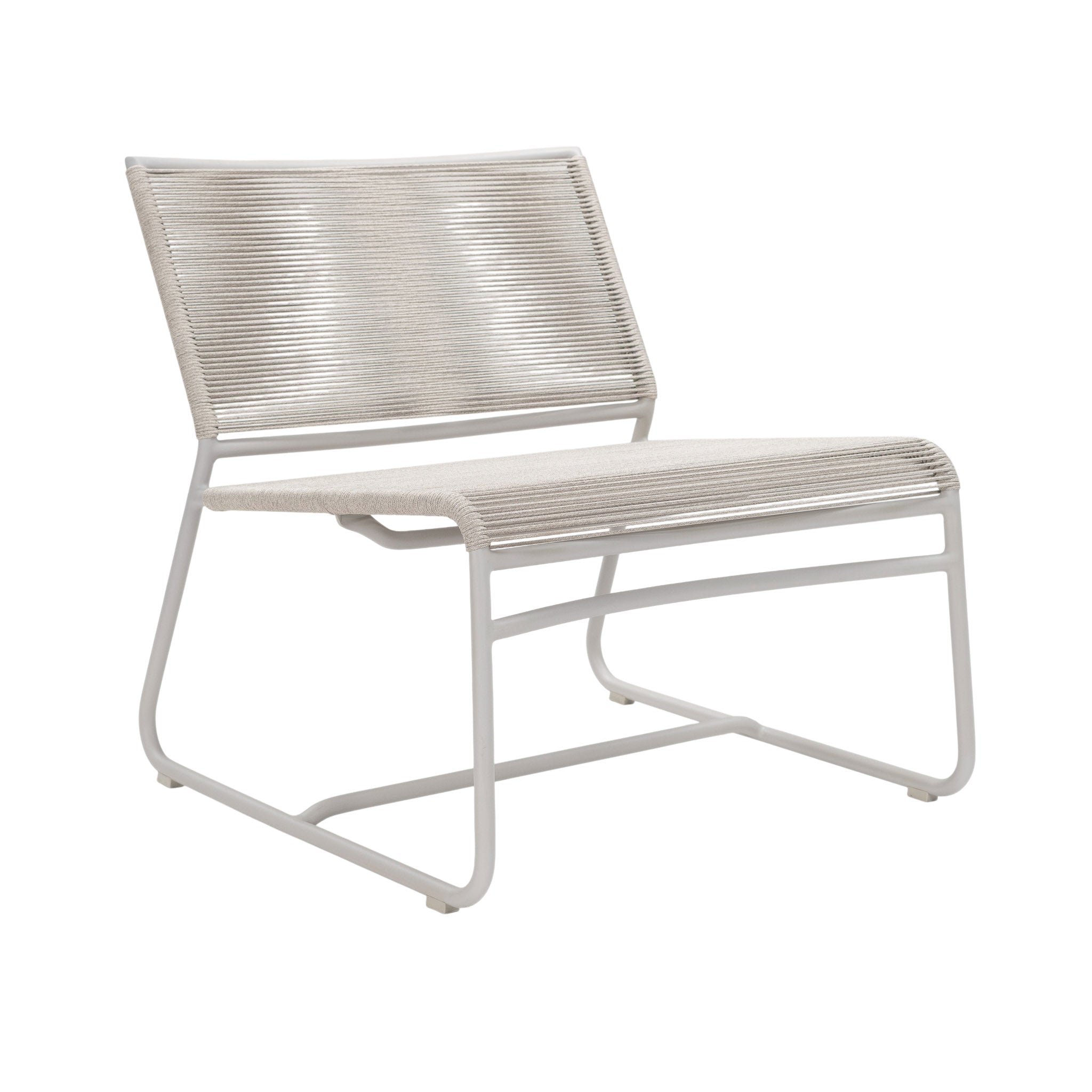 Angled front view of Komodo Outdoor Rope Lounge Chair in linen-tone rope with white aluminium frame