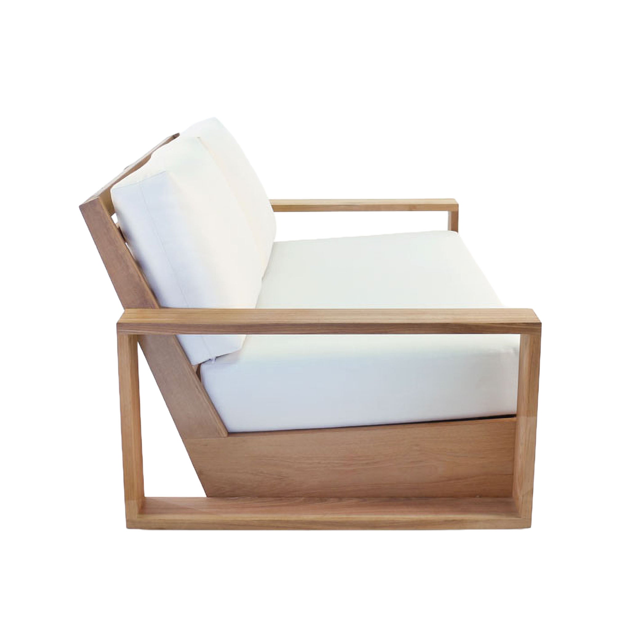 Kuba 2-seater sofa with large planks of teak wood frame and deep seating and back cushions. Side view.