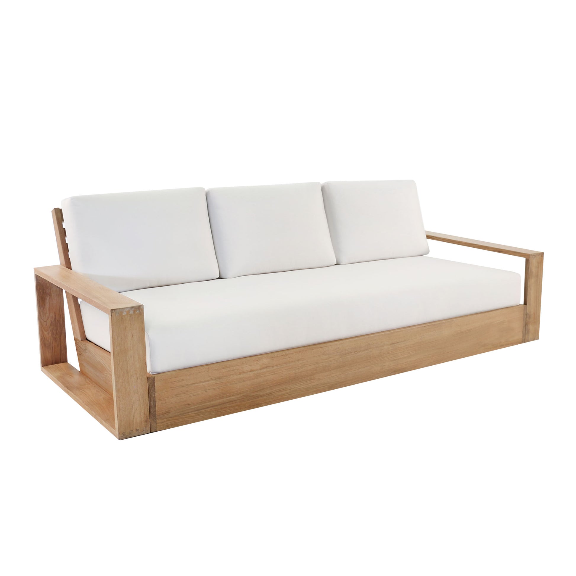 Kuba teak 3-seater sofa with generous planks of teak wood and plush deep seating cushions.