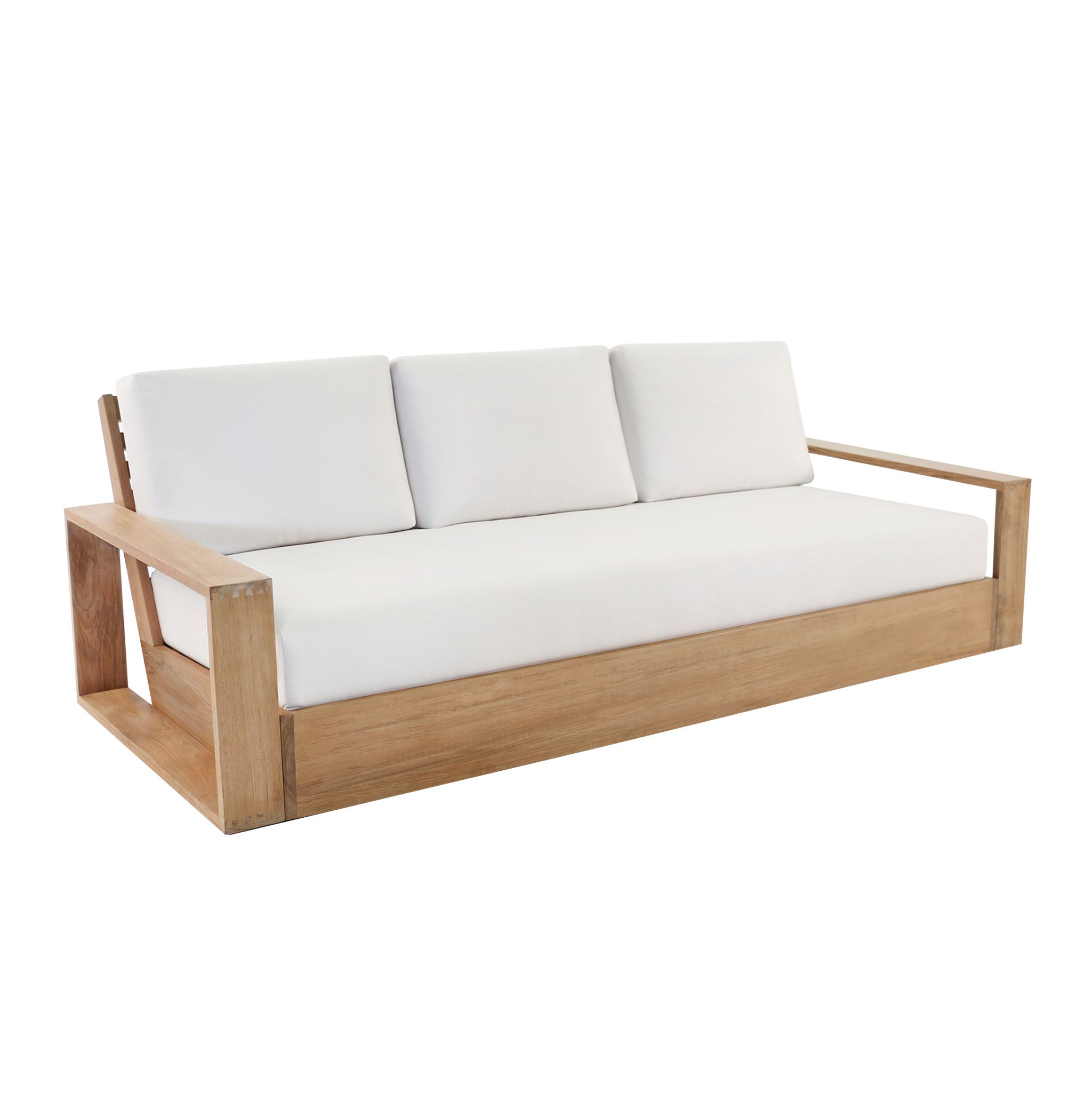 Kuba teak 3-seater sofa with generous planks of teak wood and plush deep seating cushions.