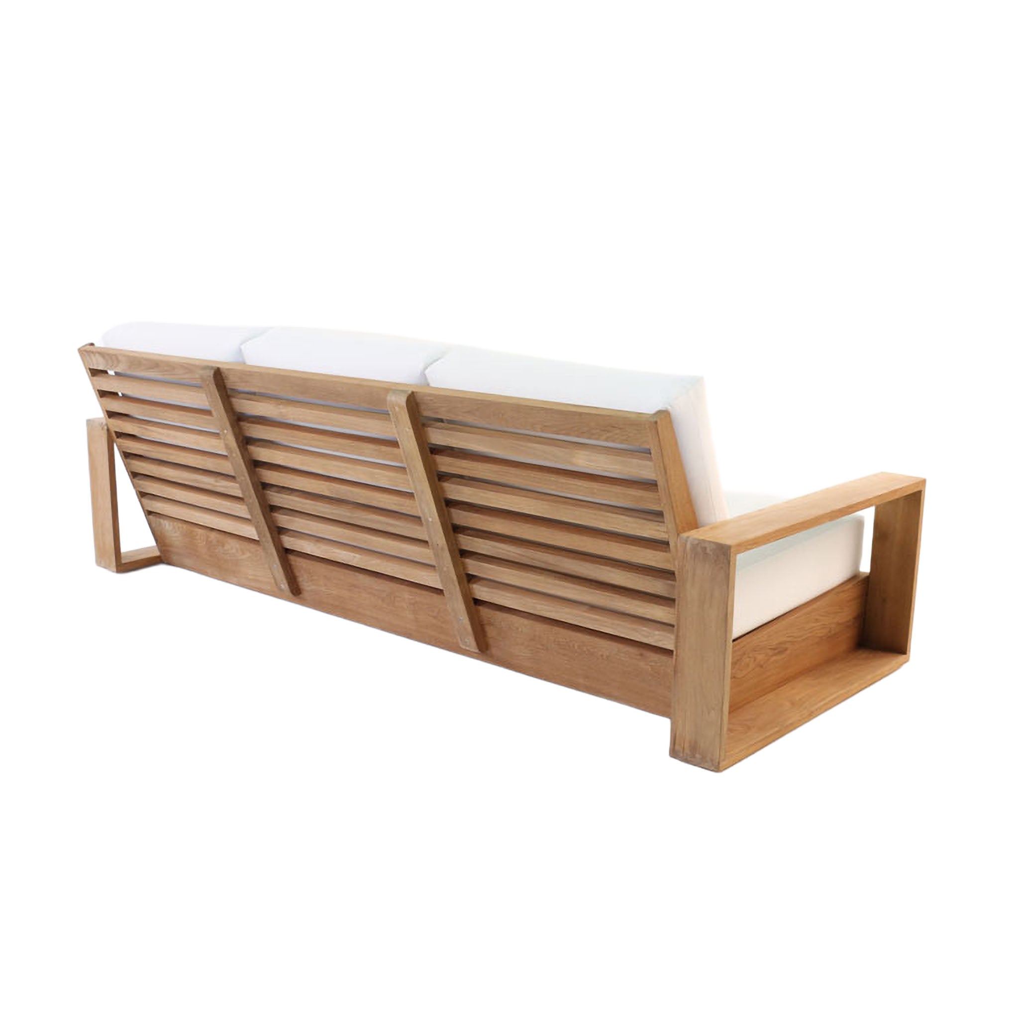 Kuba teak 3-seater sofa with generous planks of teak wood and plush deep seating cushions. Rear angle view.