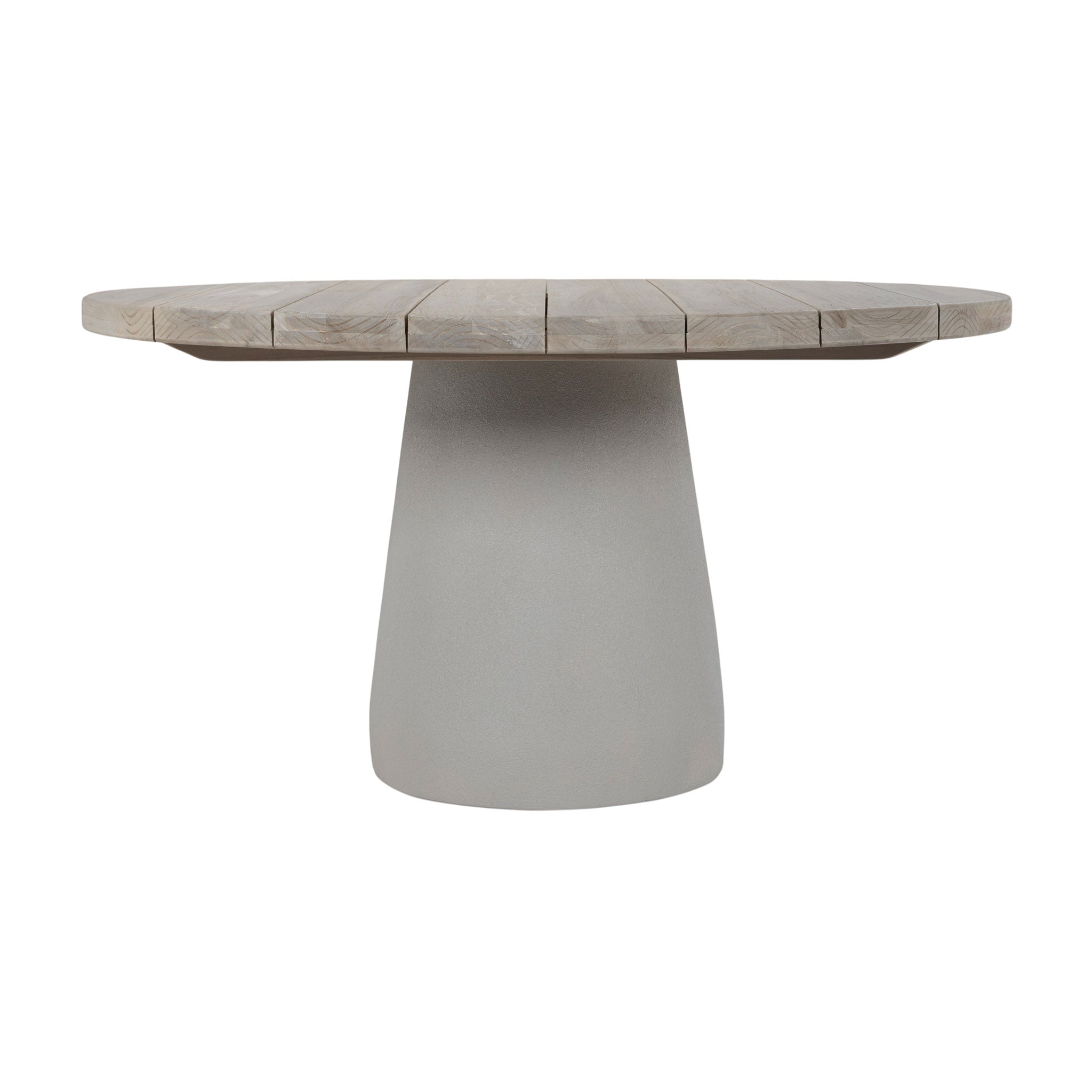 Kyle outdoor round dining table with aged teak wood top and powder-coated pedestal base. Alternate straight view