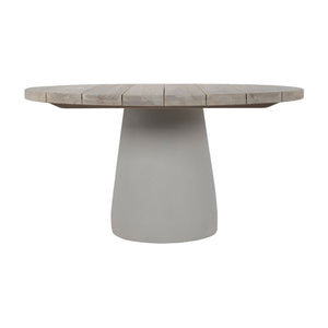 Kyle outdoor round dining table with aged teak wood top and powder-coated pedestal base. Alternate straight view