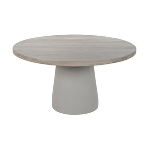 Kyle outdoor round dining table with aged teak wood top and powder-coated pedestal base. Top view.