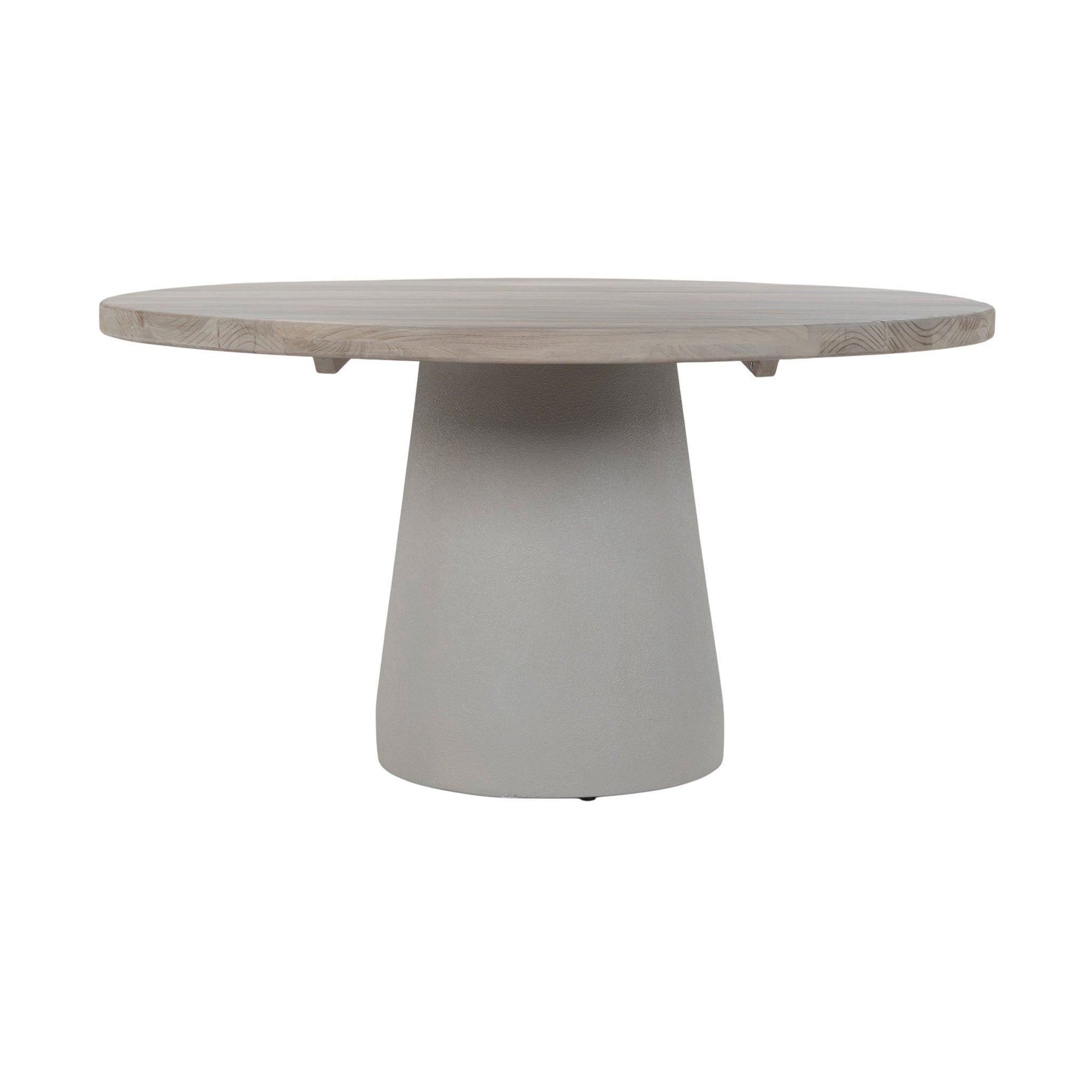 Kyle outdoor round dining table with aged teak wood top and powder-coated pedestal base. Straight view.