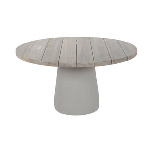 Kyle outdoor round dining table with aged teak wood top and powder-coated pedestal base. View of thick planks of teak.