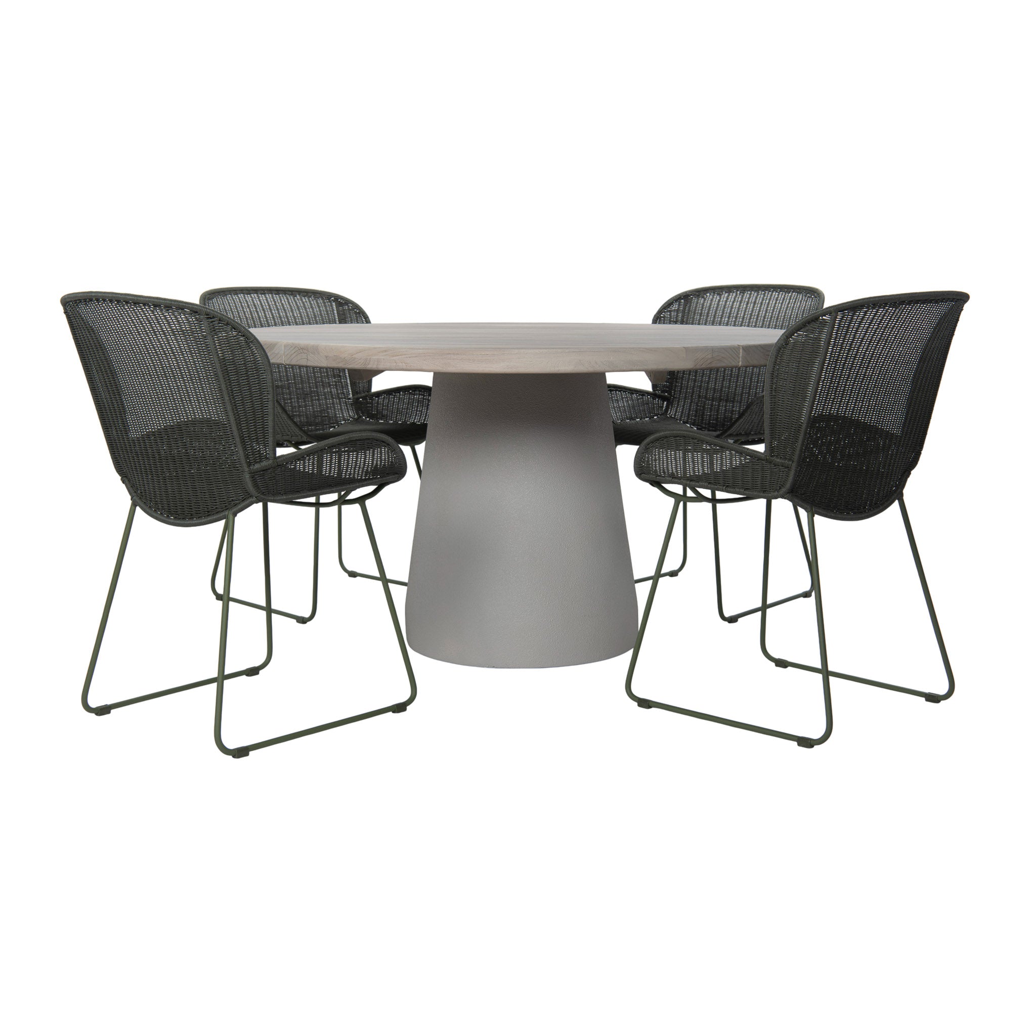 Kyle outdoor round dining table with aged teak wood top and powder-coated pedestal base. Straight view with four dining chairs. 