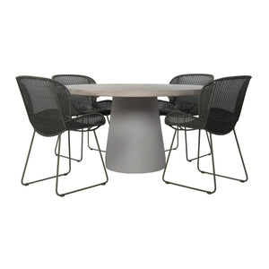 Kyle outdoor round dining table with aged teak wood top and powder-coated pedestal base. Straight view with four dining chairs. 