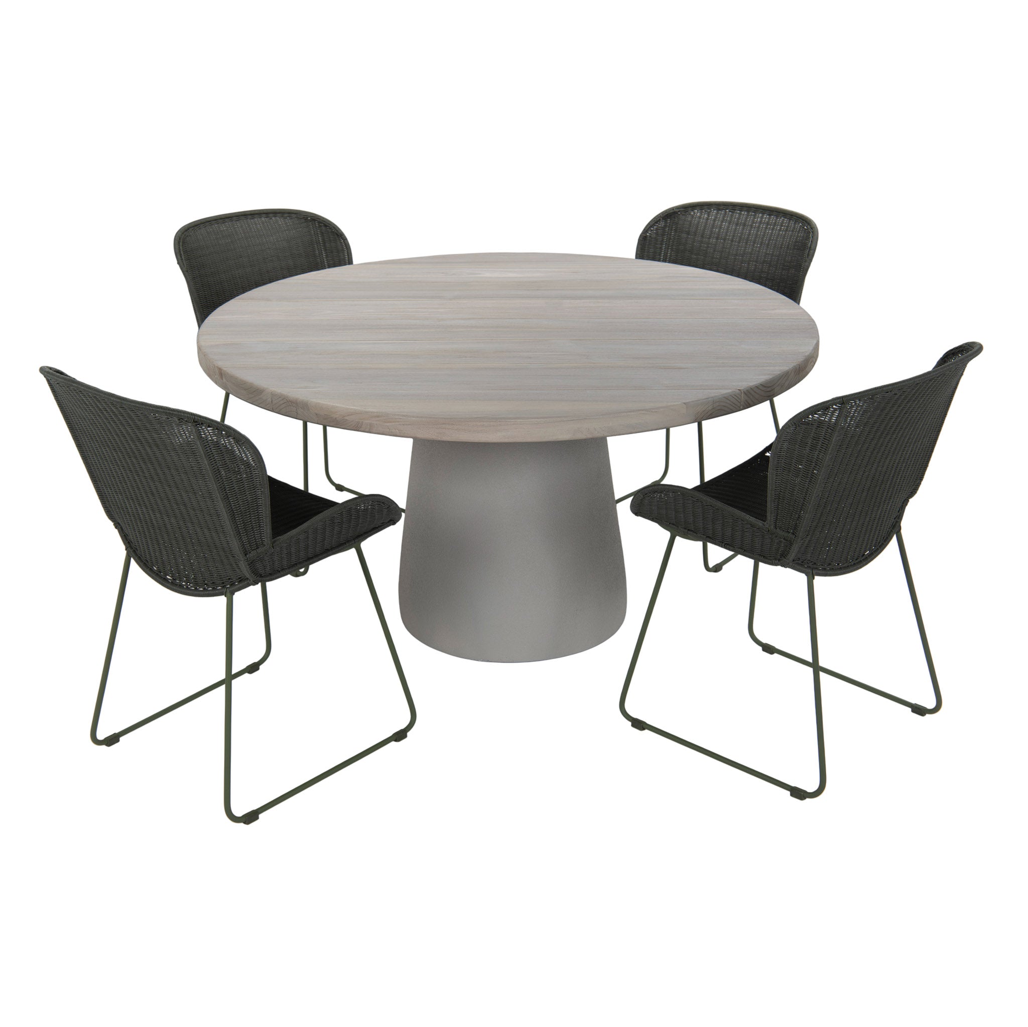Kyle outdoor round dining table with aged teak wood top and powder-coated pedestal base. With four dining chairs.