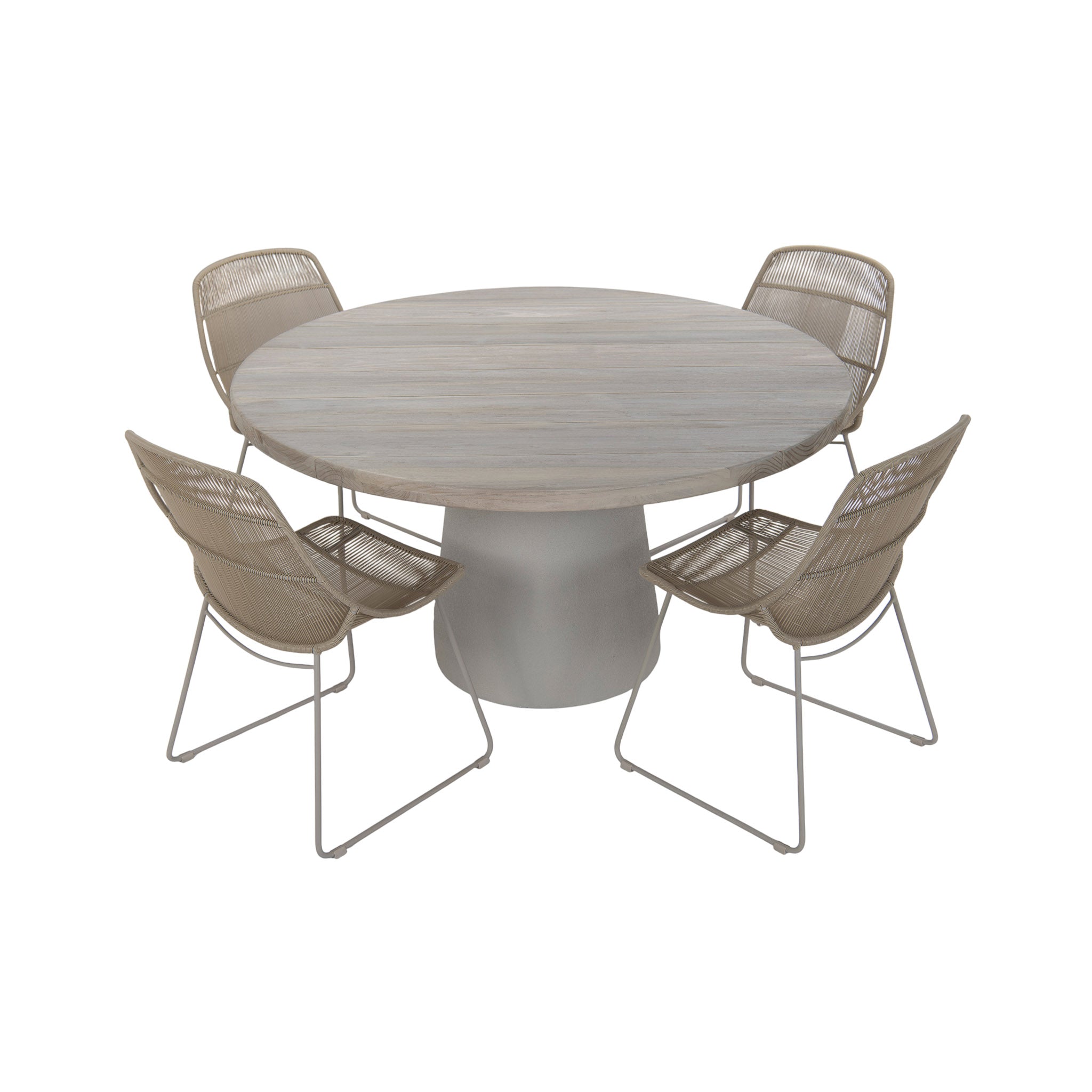 Kyle outdoor round dining table with aged teak wood top and powder-coated pedestal base. Four dining chairs around table.