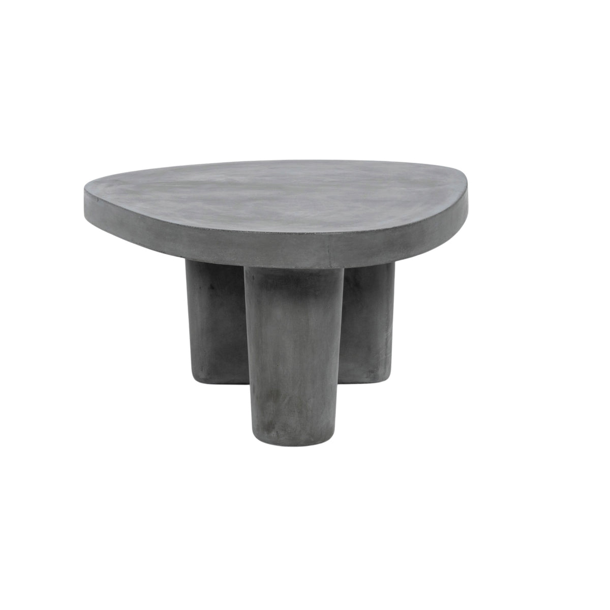 A modern concrete coffee table with a rounded, organic-shaped top and three cylindrical legs, shown on a plain white background.