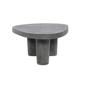 A modern concrete coffee table with a rounded, organic-shaped top and three cylindrical legs, shown on a plain white background.