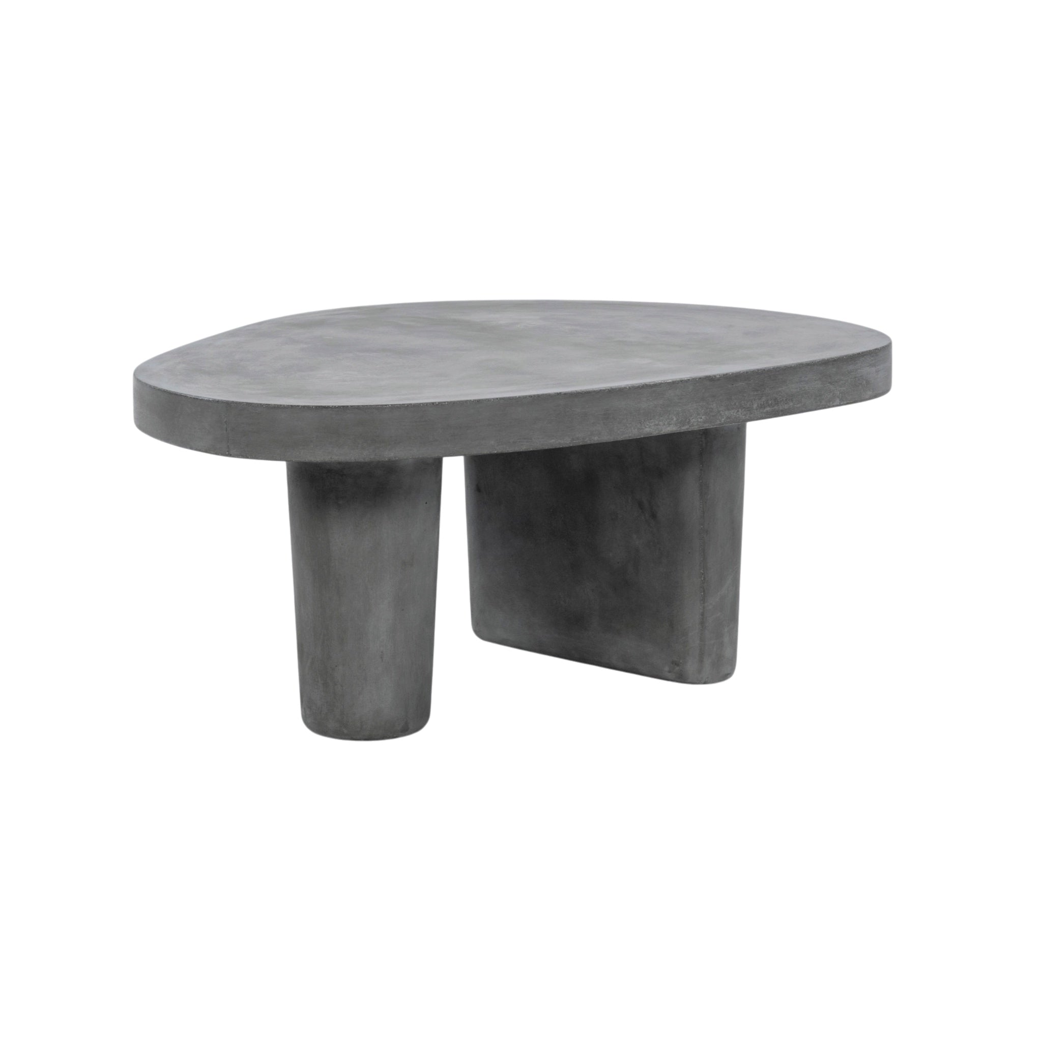 A modern concrete coffee table with an organic, rounded triangular top and two thick cylindrical legs, shown on a plain white background.
