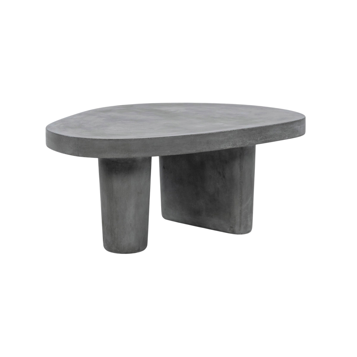 A modern concrete coffee table with an organic, rounded triangular top and two thick cylindrical legs, shown on a plain white background.