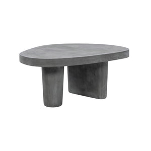 A modern concrete coffee table with an organic, rounded triangular top and two thick cylindrical legs, shown on a plain white background.