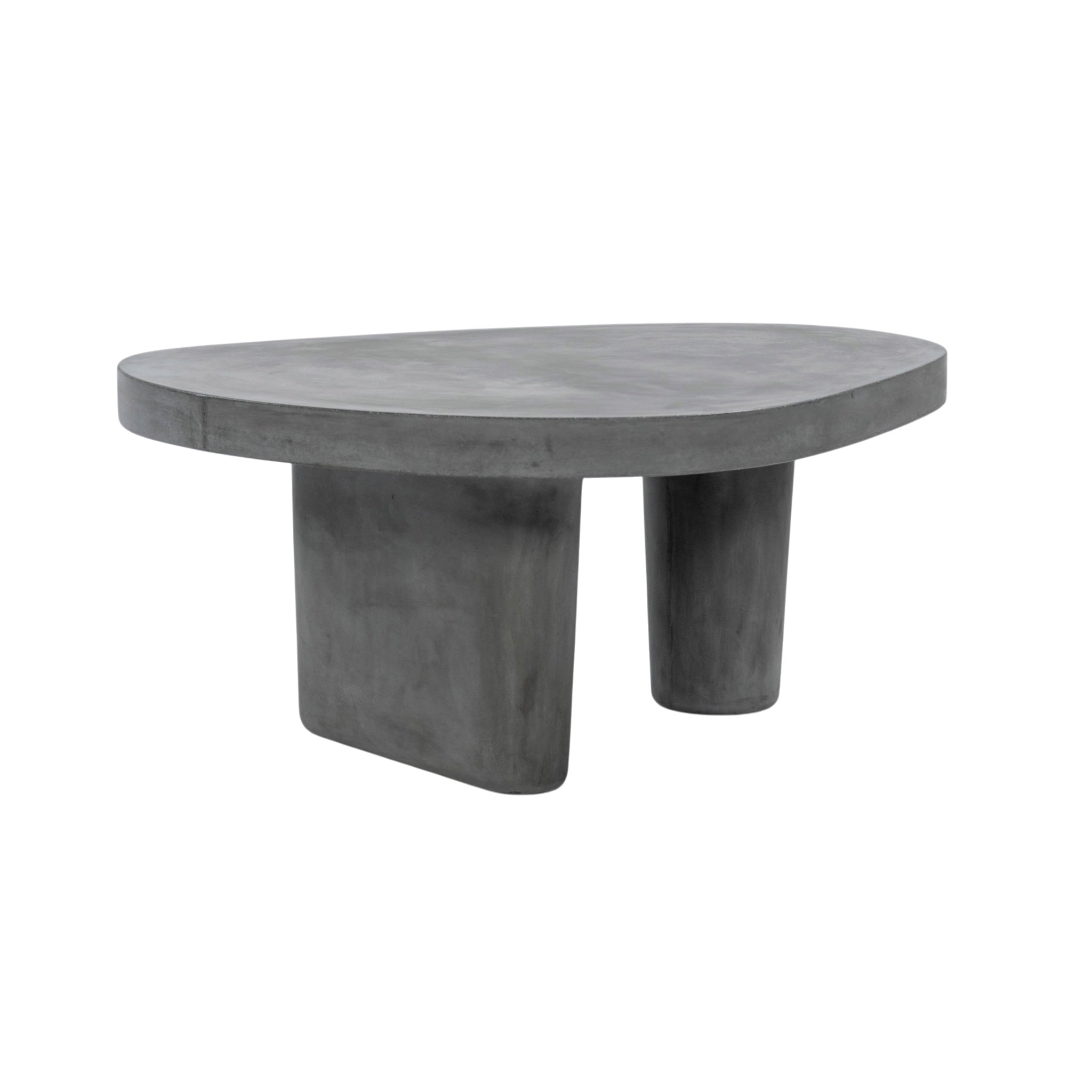 A modern concrete coffee table with an organic, rounded triangular top and two thick cylindrical legs, shown on a plain white background.