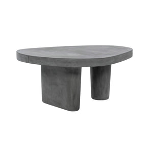 A modern concrete coffee table with an organic, rounded triangular top and two thick cylindrical legs, shown on a plain white background.
