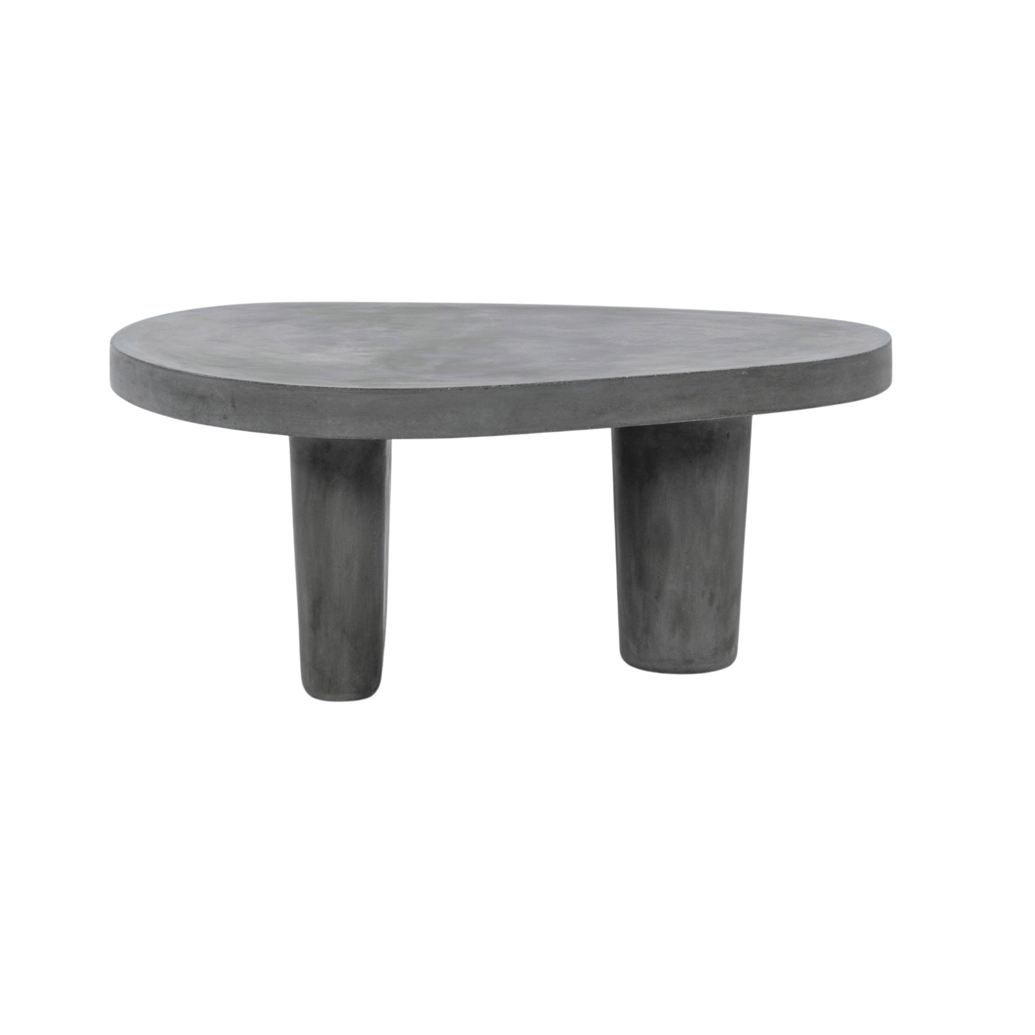 A modern low coffee table with a rounded, organic-shaped gray concrete top and two thick cylindrical legs, shown against a plain white background.
