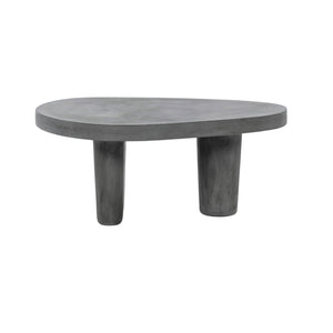 A modern low coffee table with a rounded, organic-shaped gray concrete top and two thick cylindrical legs, shown against a plain white background.