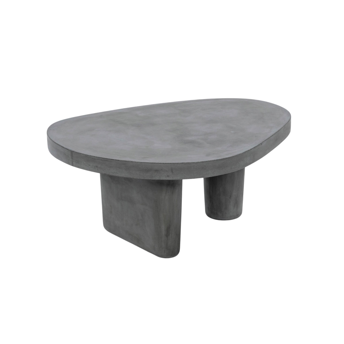 A modern concrete coffee table with an organic, rounded triangular top and two thick cylindrical legs, shown on a plain white background.