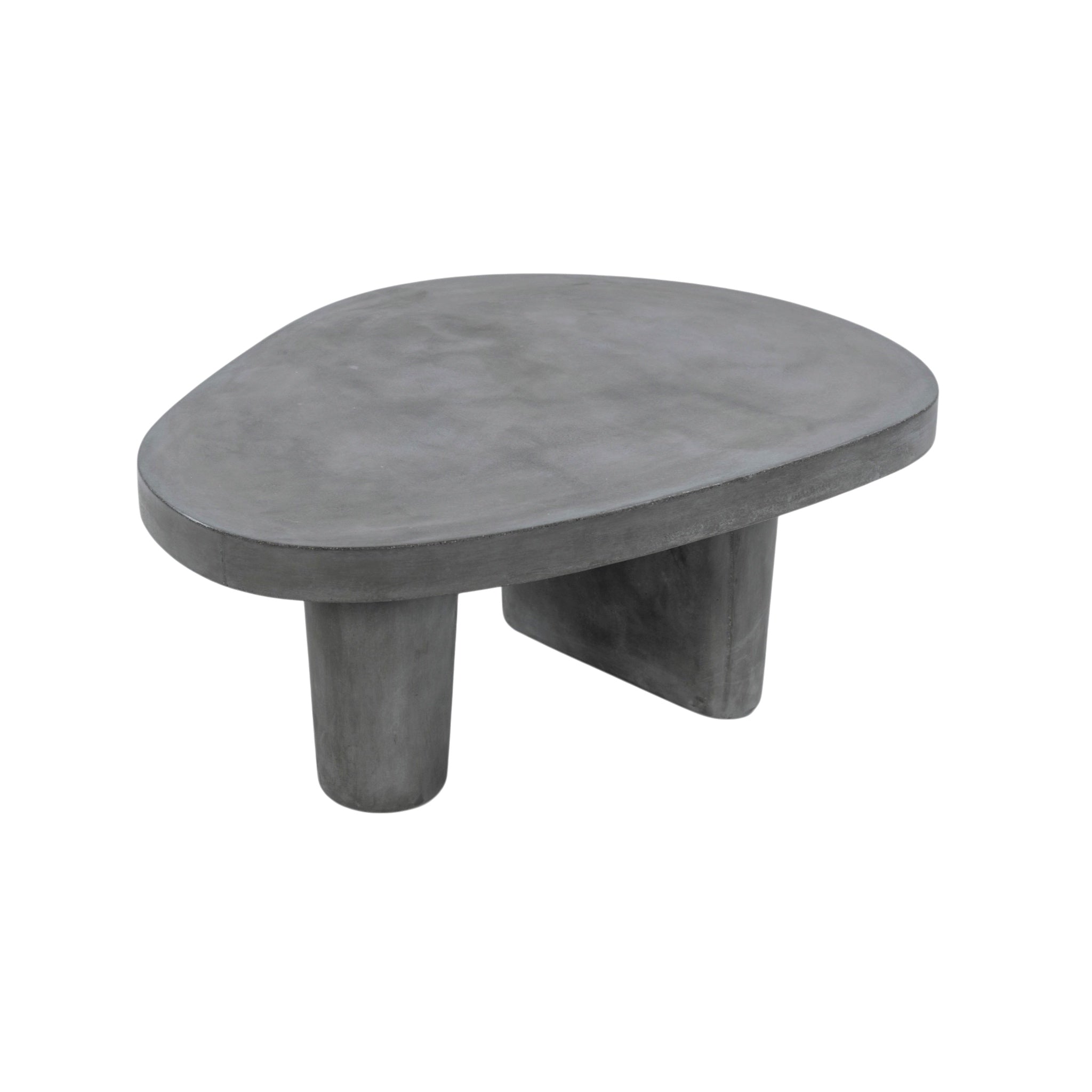 A modern low coffee table with an organic, asymmetrical stone top and thick cylindrical legs, shown on a plain white background.