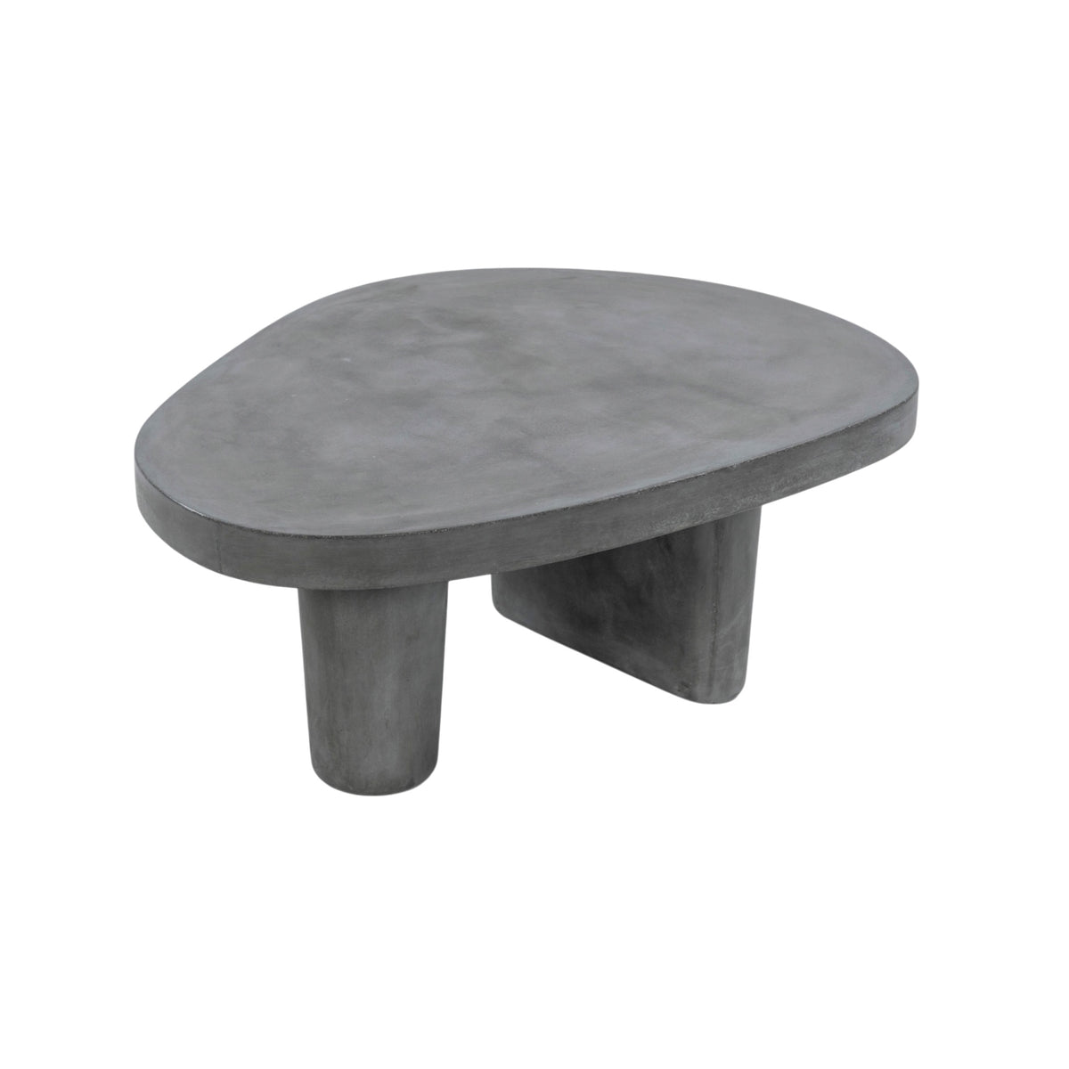 A modern low coffee table with an organic, asymmetrical stone top and thick cylindrical legs, shown on a plain white background.