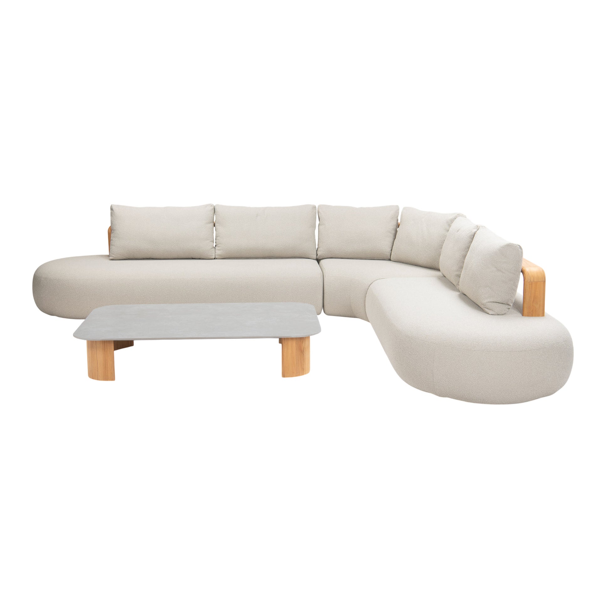 Larvotto modular furniture collection featuring curved seating with a 3-seater on left, corner chair in middle and a smaller 2-seater on the right. In an L-shaped configuration. Larvotto coffee table in front. 