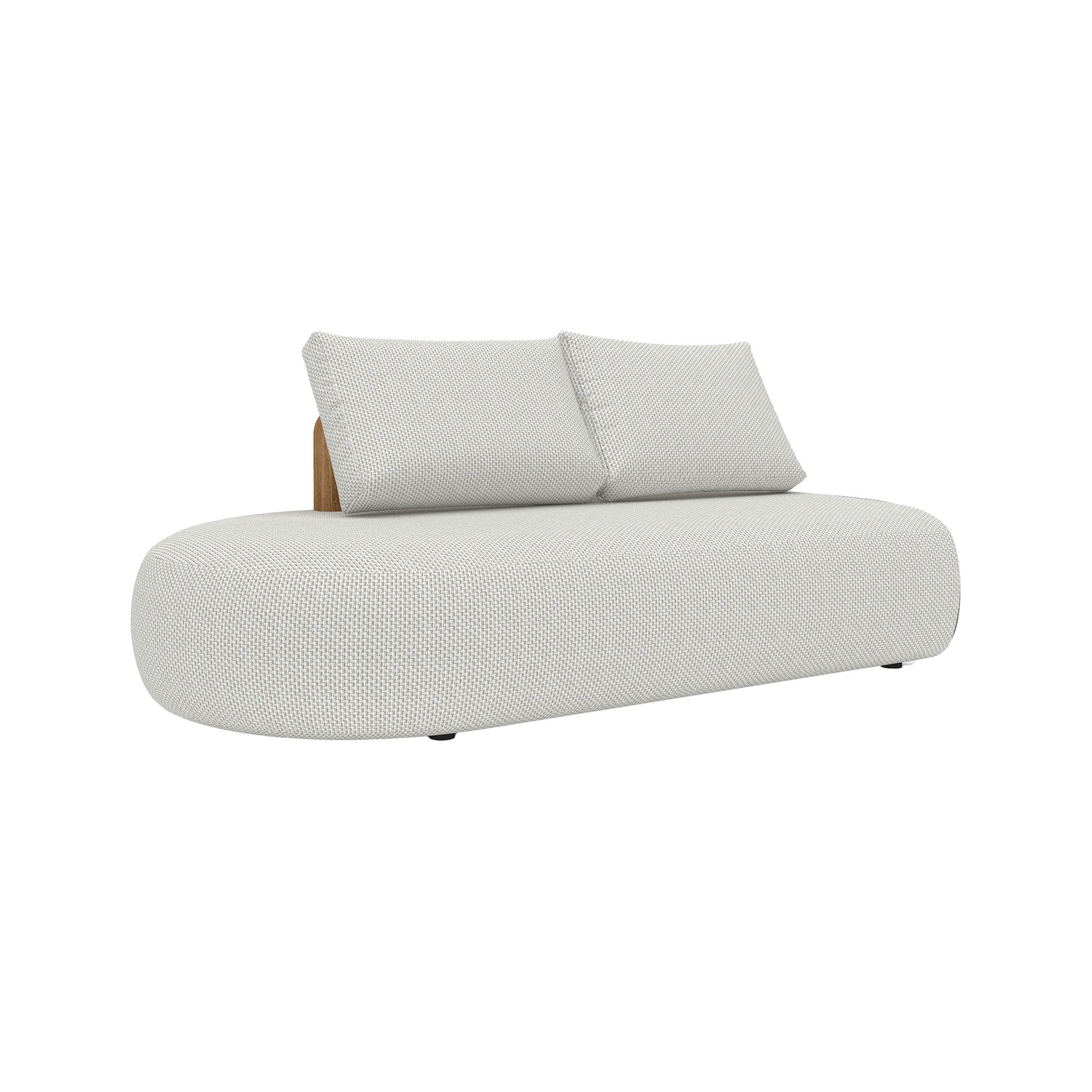 Larvotto modular 2-seater right sofa with teak wood frame and deep, plush cushions and pillows.
