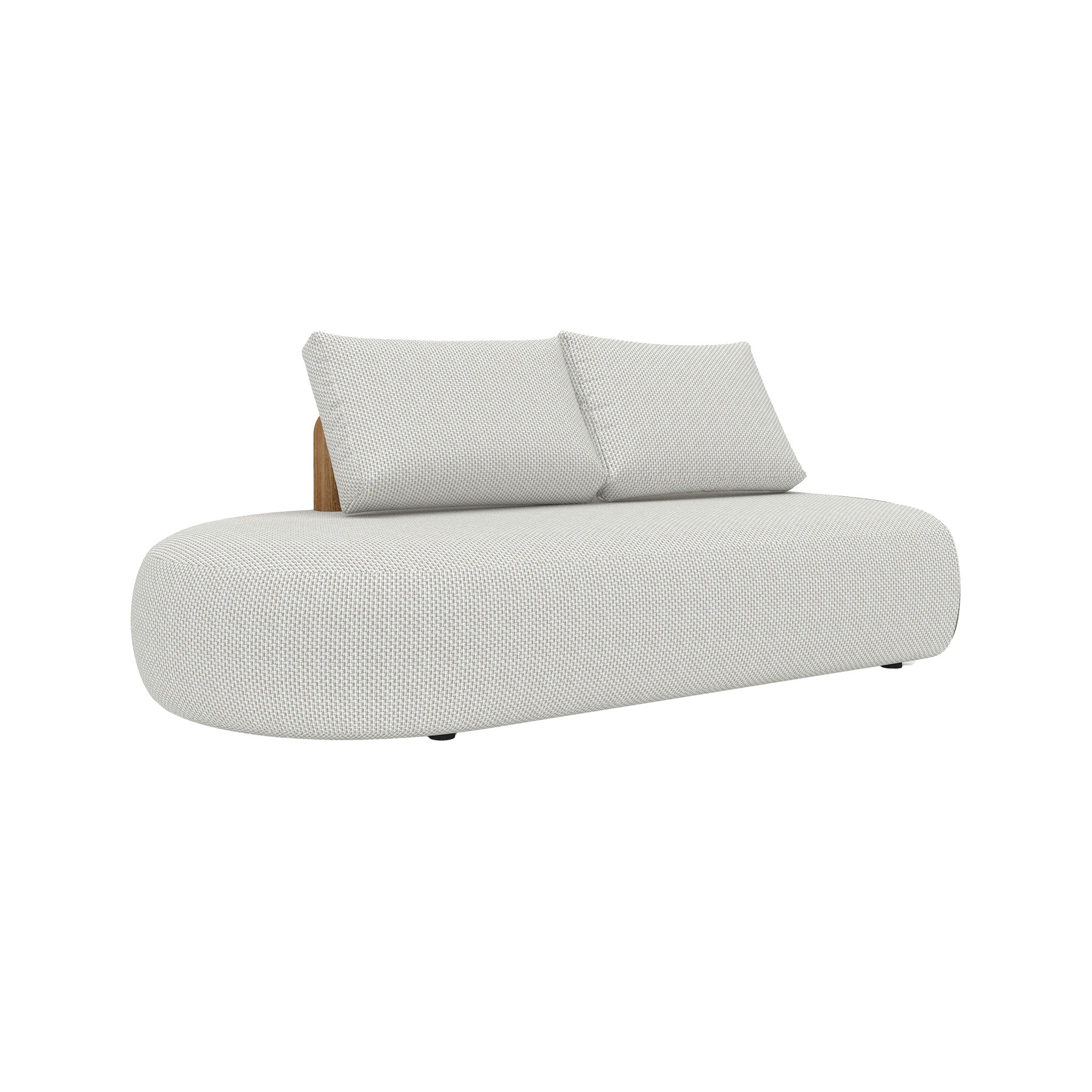 Larvotto modular 2-seater right sofa with teak wood frame and deep, plush cushions and pillows.