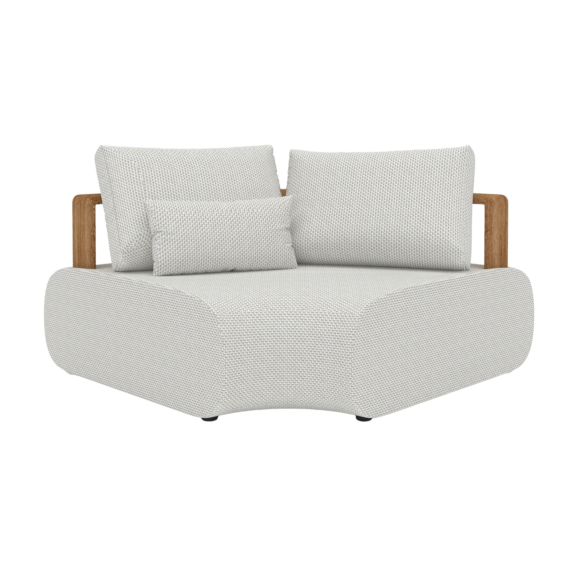 Larvotto teak framed corner sectional with weather resistant pillows and cushions.