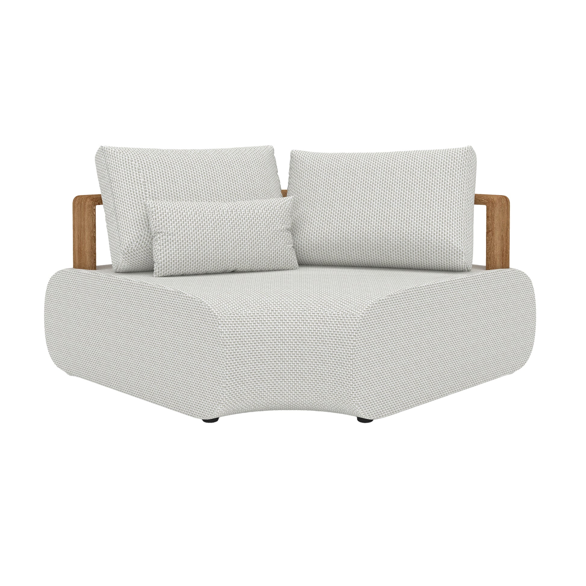 Larvotto teak framed corner sectional with weather resistant pillows and cushions.