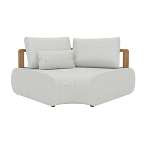 Larvotto teak framed corner sectional with weather resistant pillows and cushions.